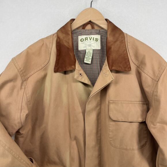ORVIS Jacket Mens L Chore Barn Coat Houndstooth Lined Leather Trim Hunting Brown - Picture 3 of 16
